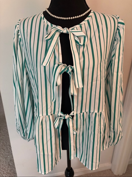 Tops - Striped Tie-Front Peplum Blouse - Green/White New